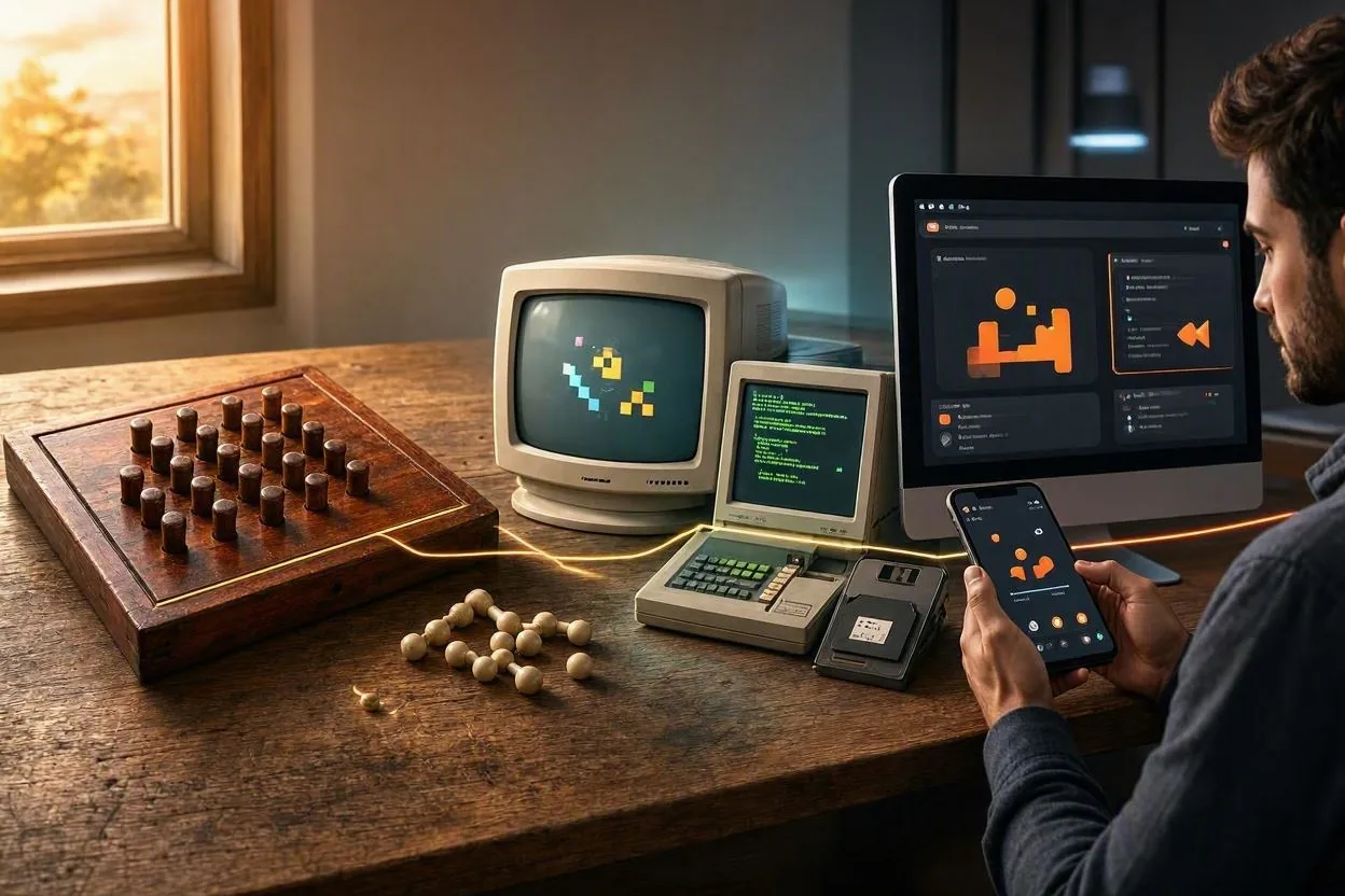 Landscape 16:9 format. A timeline showing the evolution of puzzle games. Left side (past): A vintage wooden peg solitaire board (brainvita ancestor). Middle: Early digital puzzle games on old computer screens. Right side (present): Modern browser-based puzzle games being played on phone and desktop simultaneously. A connecting line flows through all three eras, suggesting timeless appeal. Warm nostalgic tones transitioning to modern dark gaming aesthetic with orange accents.